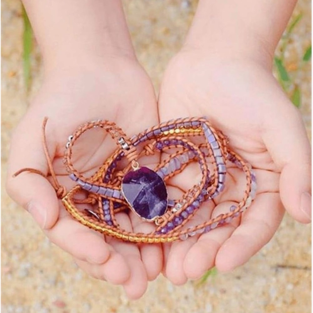 CLEARANCE Boho Handmade Wrap Leather Tube Crystal Stone Bracelet Amethyst stone. - Picture 5 of 8